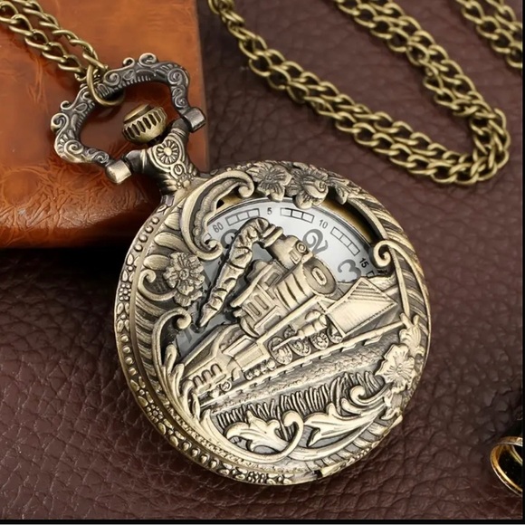 Vintage Train Design Picket Watch  Gold and Black. Perfect Gift for Travelers - Picture 2 of 5
